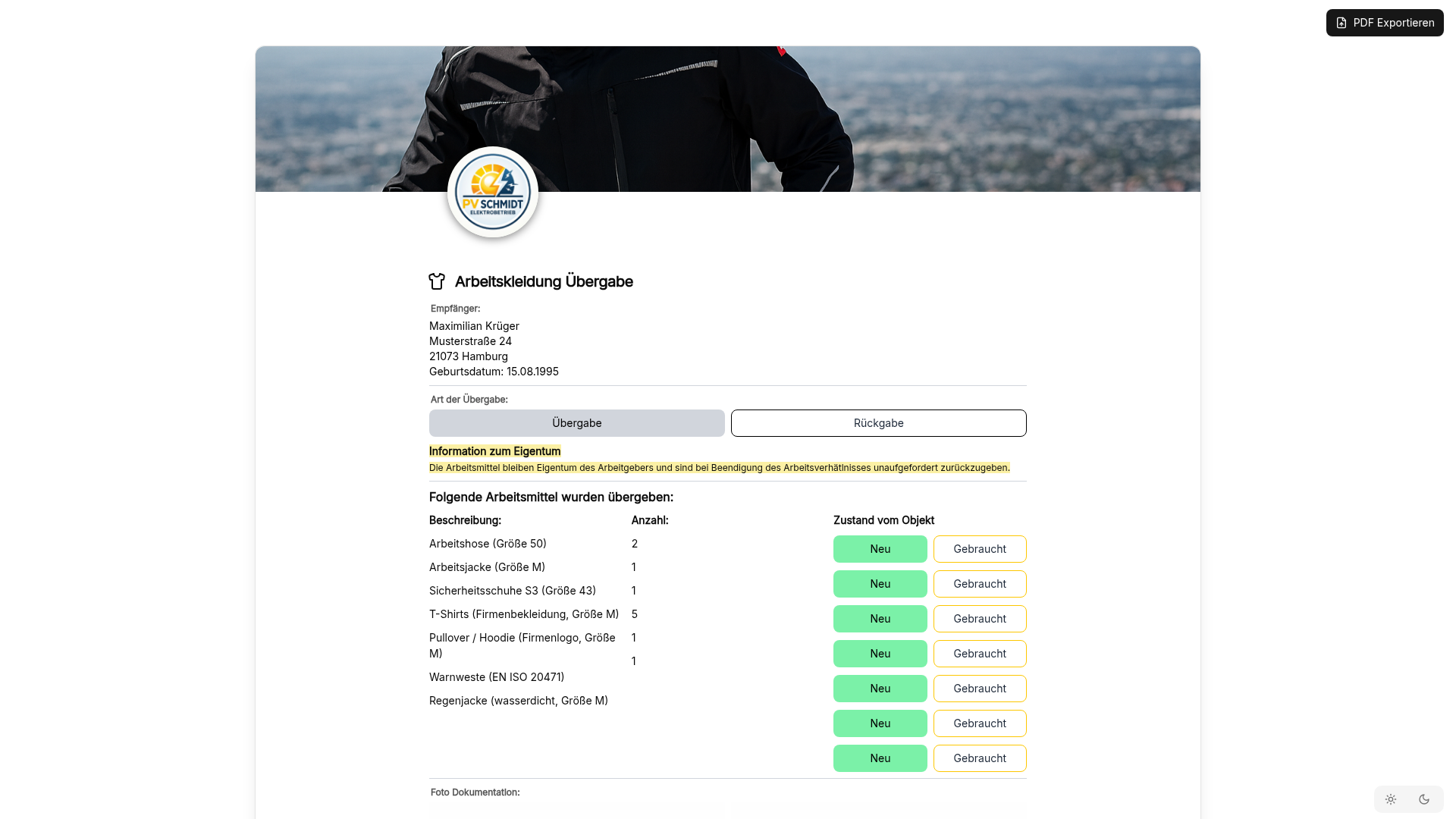 Vorschau Arbeitskleidung Übergabe – Protokoll für PSA, Berufskleidung & Rückgabe