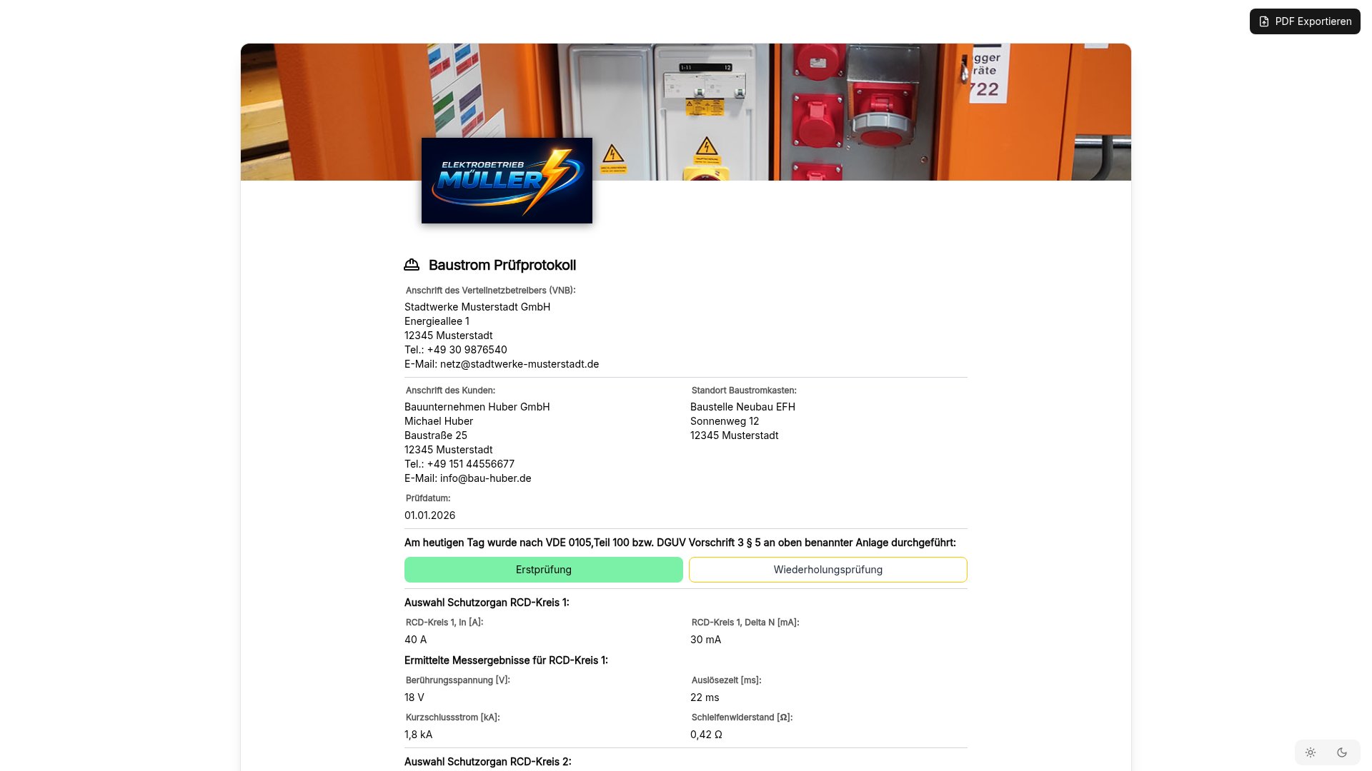Vorschau Baustrom Prüfprotokoll – Baustromverteiler nach VDE 0105-100 / DGUV V3
