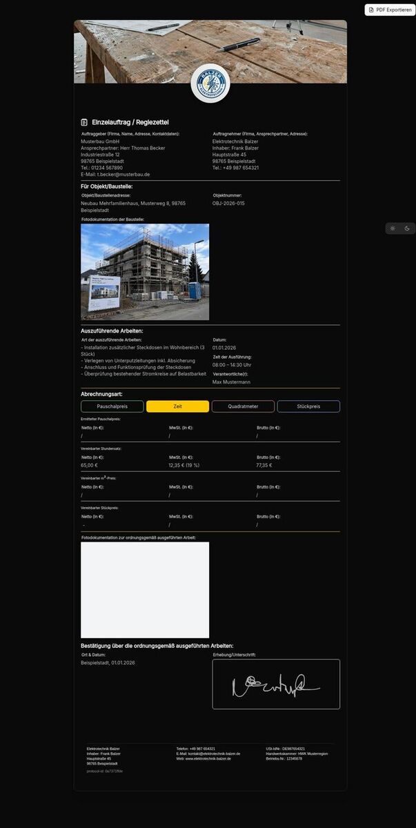 Vorschau Einzelauftrag / Regiezettel – Vorlage für Handwerk & Bau (BGB §631 ff., HOAI)