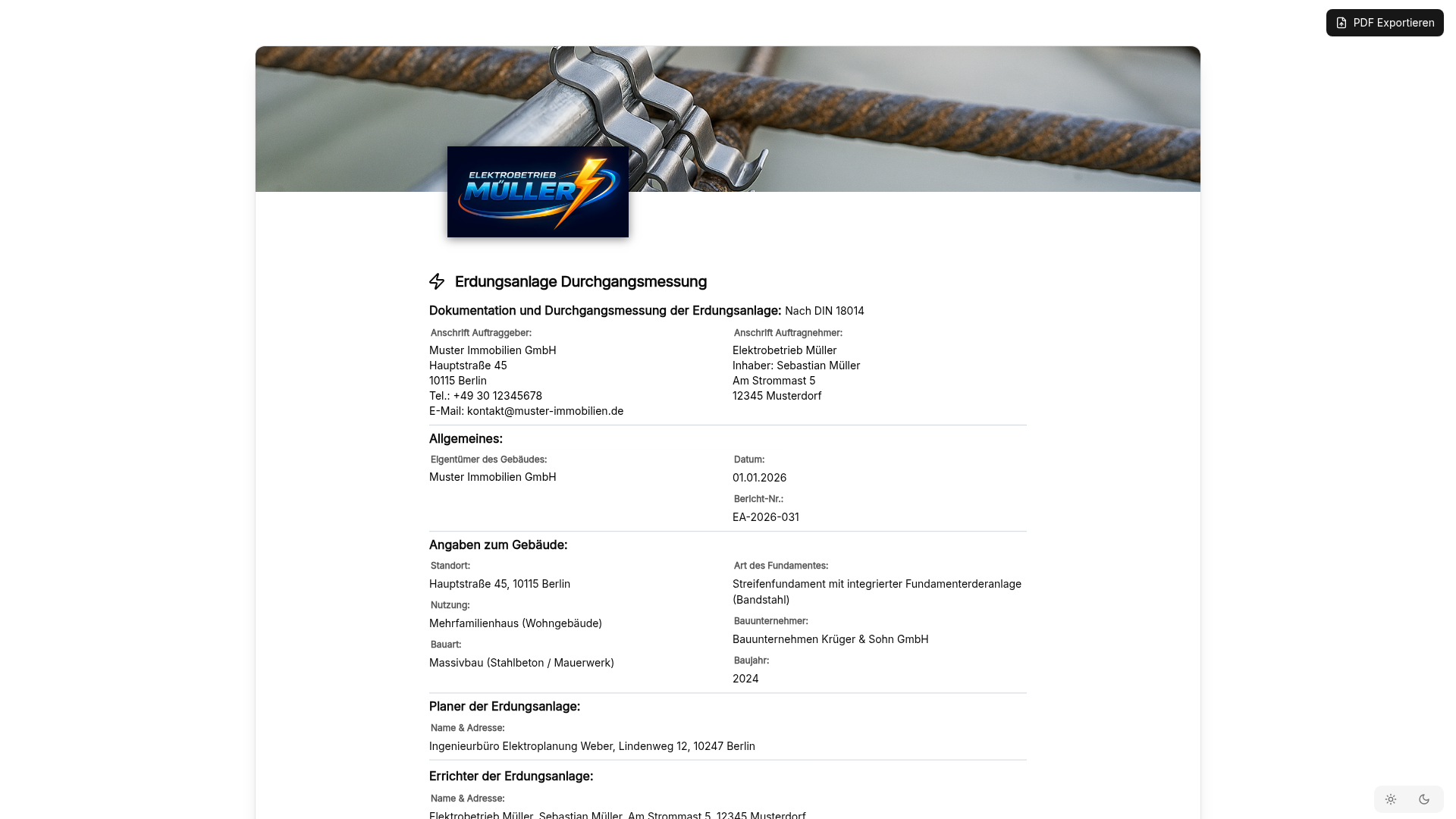 Vorschau Erdungsanlage Durchgangsmessung – Protokoll nach DIN 18014