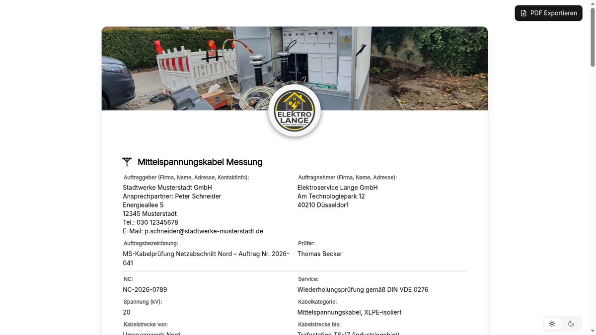 Vorschau Mittelspannungskabel Messung – Prüfprotokoll Vorlage (DIN VDE 0276 / VDE 0276-620)
