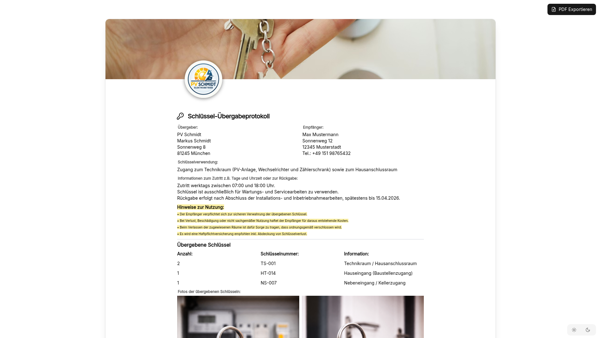 Vorschau Schlüssel-Übergabeprotokoll – Vorlage für Bau, Wartung & Vermietung