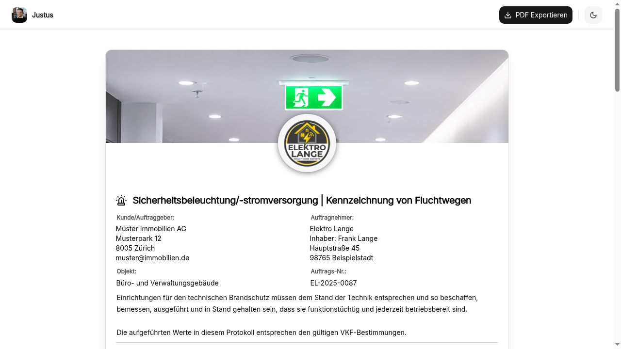 Vorschau der Sicherheitsbeleuchtung & Kennzeichnung von Fluchtwegen – Prüfprotokoll (DIN EN 1838, DIN VDE 0108-100, ASR A3.4/3)