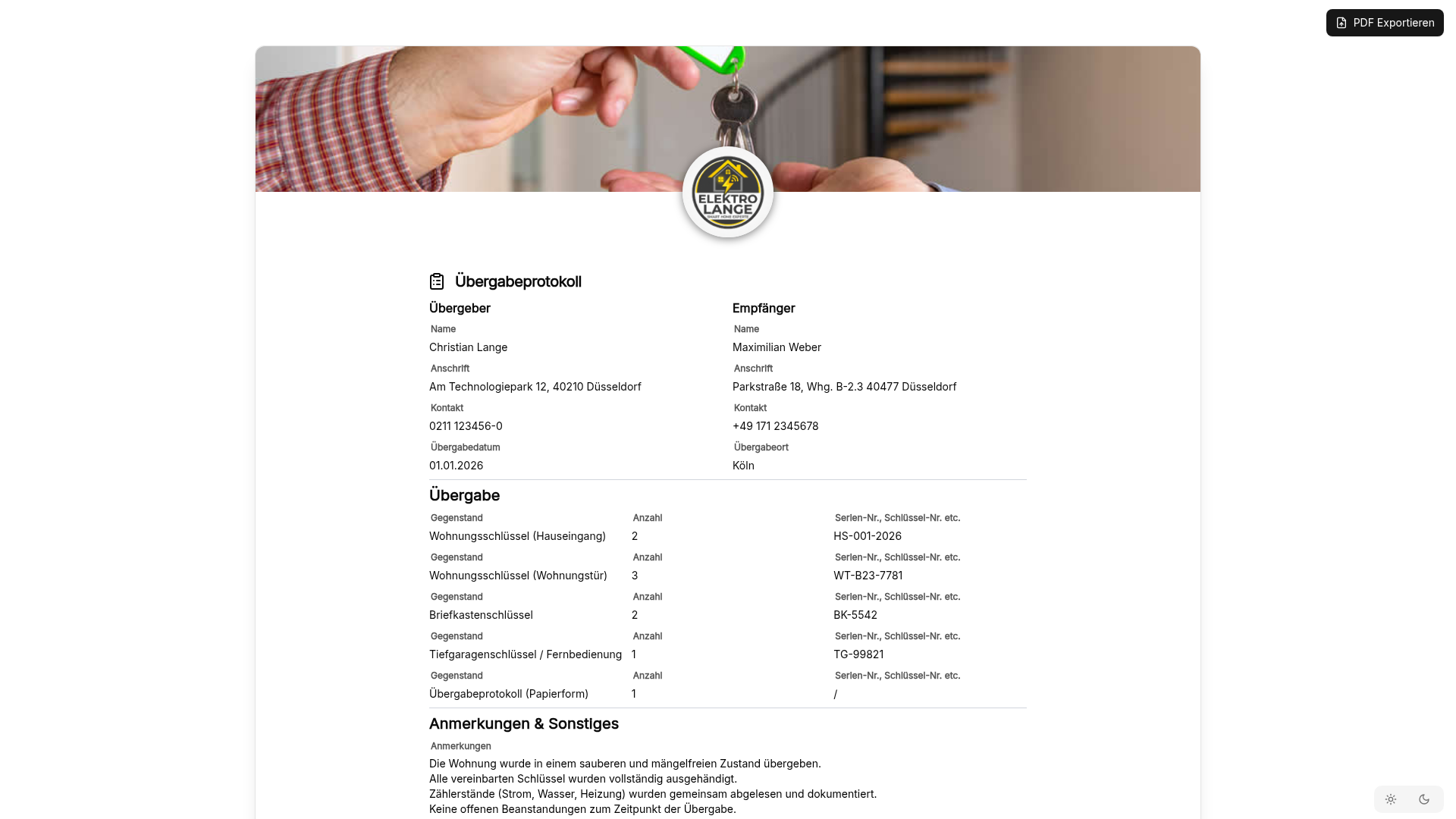 Vorschau Übergabeprotokoll – Vorlage für Wohnung, Objekt & Schlüssel